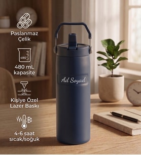 Kişiye Özel Taşıma Saplı Pipetli Paslanmaz Çelik Termos 480 mL