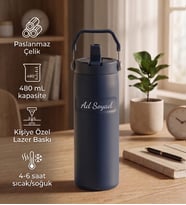 Kişiye Özel Taşıma Saplı Pipetli Paslanmaz Çelik Termos 480 mL