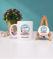 Gazeteci Tasarımlı Kişiye Özel Hediye Gazeteci Kupa Bardak ve Ahşap Anahtarlık Hediye Seti