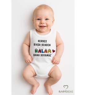 Herkes Bıksa Benden Halam Bana Doyamaz Yazılı Kolsuz Bebek Body %100 Pamuk Zıbın Tulum 0-3-24 Ay (Beyaz)