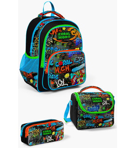  - SET01K33Coral High Kids Siyah Mavi Grafiti Desenli 3'lü Okul Çanta Seti SET0114415