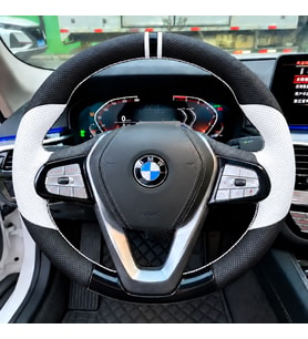 BMW X3 G01 Dikme Direksiyon Kılıfı Delikli Deri Parlak Siyah Beyaz Detay Çift Yüzük ve Dikiş 2017-2024