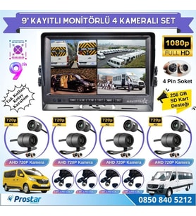 9 Inç Dörde Bölünür Kayıtlı 256Gb Sd Destekli 4 Kameralı 720P Ahd 4 Pin Soketli Tak Kullan Kamera Seti