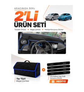 RENAULT ZOE (2012-2024) Uyumlu Torpido Örtüsü + Tay Tüyü Bagaj Çantası + Sticker Seti - Siyah Mavi