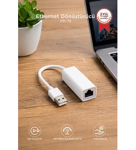 Torima Ethernet Dönüştürücü USB 2.0 Çevirici Adaptörü YD75 Beyaz