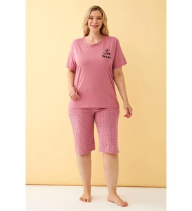 pilelistore- Kadın Somon “Live the Dream” Yazılı Büyük Beden Kapri Pijama Takımı