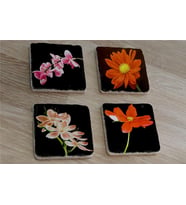 Siyah Zemin Orkide ve Gerbera Çiçekleri Doğal Taş Bardak Altlığı 4'lü set - Natural Stone Coasters