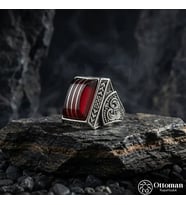Kehribar Taşlı Yarma Gümüş Erkek Yüzük