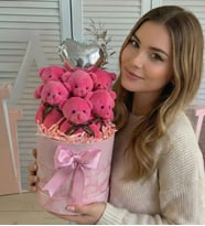 Anneler  Gününe ÖZEL: Premium Silindir Kalpli Pembe Kutusunda, Kalpli Balonlu  6’lı Pembe Ayıcık Buketi, Sevdiğine Hediye (Fuşya)