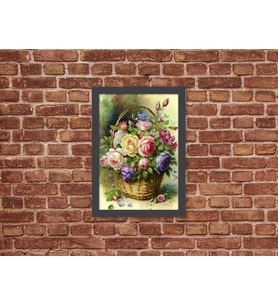 Ahşap Kendinden Çerçeveli Tablo - Vintage Sepette Güller - 2, Standart - 20x28cm