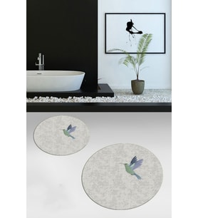 EVDEYA Dijital Yıkanabilir Modern Kuş Desen İkili Banyo Paspas Yuvarlak Klozet Takımı, YKLOZET-36-GRİ, (Gri)