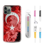 Apple iPhone 11 12 13 14 Pro Max Kılıf Kablo Koruma Spiral Silikon Şanlı Türk Bayrağı 1315