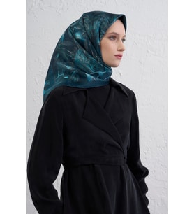 Çiçek Desenli Twill İpek Eşarp -2025/2026 -9409D (Petrol)