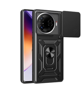 Tecno Camon 30 Pro 5G Kılıf Yüzüklü Standli Sürgülü Kamera Korumalı Tank Sert Silikon Kapak (Siyah)