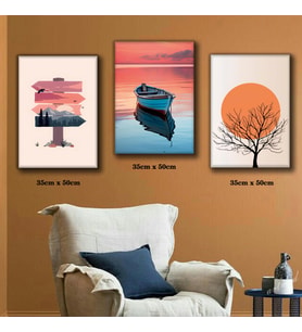 Doğa manzara deniz tekne tabela yön tablosu 3 adet 35cmx50cm kumaş baskılı canvas tablo