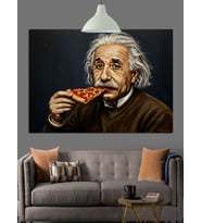 Pizza Yiyen Bilim Adamı Einstein Dekoratif Kanvas - Mdf Ahşap Tablo