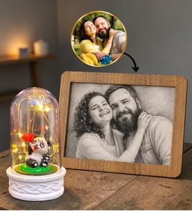 Kişiye Özel Hediye Seti Pandalı Fanus ve Karakalem Fotoğraf Çerçevesi