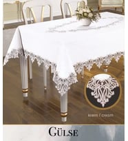 Keten Tek Masa Örtüsü Tablecloth 155x260 cm Dantelli Yemek Masası Örtüsü Gülse Model Krem