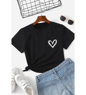 Çocuk Kalp Baskılı Pamuklu Tshirt (Siyah)