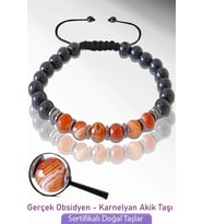 Sertifikalı Doğal Obsidyen - Karnelyan Akik Taşı Bileklik - Ayarlamalı (Çok Renkli)
