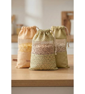 3 Adet Bakliyat Kesesi Orta Boy 20x28 cm Erzak Kuru Gıda Saklama Kabı Torbası Fileli Bez Bohem-Set