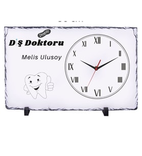 Kişiye Özel Diş Hekimi Doğal Taş Masa Saati 25x38 cm – İsim Baskılı Dekoratif Saat