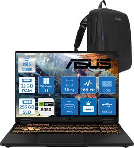Asus Tuf Gaming F16 FX608JH 13.nesil Intel İ5-13450HX 32GB Ddr5 256GB SSD 8GB/RTX5050 115W 165Hz 16"wuxga Fhd+ 300NITS IPS WIN11HOME Gaming Bilg. WRV082H06+ZETTAÇANTA