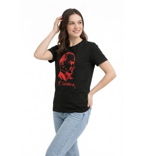 Atatürk Baskılı Tişört Kısa Kollu Bisiklet Yaka T-Shirt - Siyah