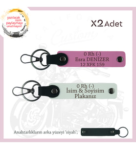 Yol Tutkunları İsim Plaka, 0 Rh (-) Kan Grubu Yazılı Kişiye Özel x2 Anahtarlık Seti, Beyaz-Pembe-Syh