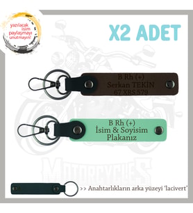 Motor Tutkunlarına Özel, İsim Plaka ve B Rh (+) Kan Grubu Yazılı x2 Anahtarlık, Yeşil-K Kahve-Laci