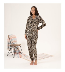Estiva Leopar Desen Önden Düğmeli Süet Bayan Pijama Takım (Çok Renkli)