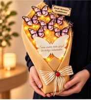 Kişiye Özel Yazılı LED Işıklı Aynalı Beyaz Kelebek Buketi 35 cm Romantik Hediye