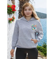 Unisex Küp Baskılı Kapüşonlu Sweatshirt (Gri)