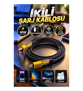 65W Hızlı Şarj Destekli 4’ü 1 Arada Örgülü USB-C ve USB-A Çoklu Şarj Kablosu