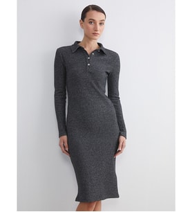 LCW Comfort Siyah Polo Yaka Parlak Görünümlü Elbise