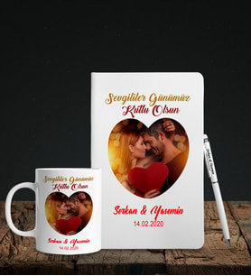 Sevgililer Gününe Özel Beyaz Deri Defter Kalem Kupa Hediye Seti 23