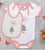 BK Kids İlk Diş Tasarımlı Pembe Bebek Body Zıbın ve Mama Önlüğü Hediye Seti-1
