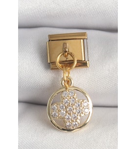316L Çelik Gold Renk Sallantı Zirkon Taşlı Yonca Model Nomination Charm