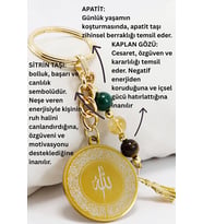 Çelik Çift Taraflı Ayetel Kürsi Hat Nazar Ayeti Anahtarlık Doğal Taşlar; Apatit, Sitrin,Kaplan Gözü (Standart)