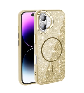 Apple iPhone 16 Uyumlu Kılıf M-safe Şarj Özellikli Parlayan Simli Zore Okso Kapak (Gold)