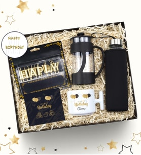 Kişiye Özel T Kupa & Siyah French Press & Özel Kılıflı 500 Ml Siyah Su Matarası & Gold Happy Birthday Mum Hediye Seti