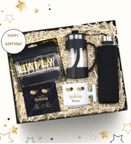 Kişiye Özel T Kupa & Siyah French Press & Özel Kılıflı 500 Ml Siyah Su Matarası & Gold Happy Birthday Mum Hediye Seti