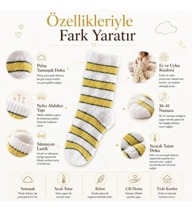 Giyim Peluş Çizgili Kadın Uyku Çorabı 36-40 Yumuşak Sıcak Tutan Sıkmayan Ev Çorabı Sarı Beyaz