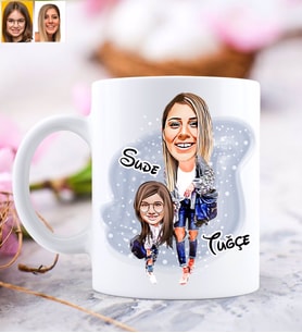 BK Gift Kişiye Özel Anne Kız Karikatürlü Beyaz Kupa Bardak-5