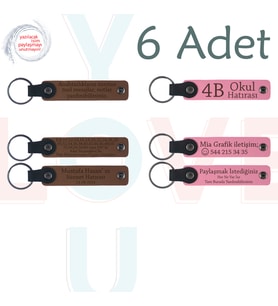A Kahve & Pembe, Aile Bayramlaşmasına Özel Hatıra, 6’lı Set, İsim Yazılabilen Deri Anahtarlık