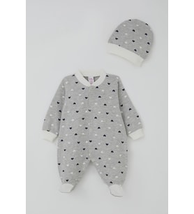 Breeze Kız Bebek Patikli Tulum Kalp Desenli 0-6 Ay, Açık Gri Melanj