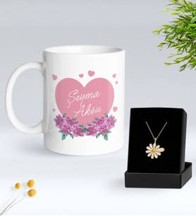 BK Gift Kişiye Özel İsimli Çiçek Tasarımlı Beyaz Kupa ve Papatya Kolye Hediye Seti - 20, Sevgiliye Hediye, Anneye Hediye, Arkadaşa Hediye