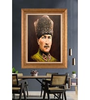 Altın Varaklı Çerçeveli Paspartulu Atatürk Tablo nh194 (Gold)