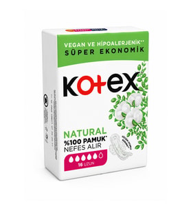 Kotex Ultra Natural Uzun Ped 16'lı – %100 Pamuk Üst Yüzey, Vegan ve Hipoalerjenik Hijyenik Ped
