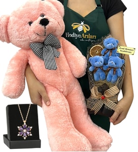 Kişiye Özel 3'lü Peluş Ayıcık Buketi, Gerçek Ametist Taşlı Lotus Kolye ve Pembe Ayıcık (Model 2)